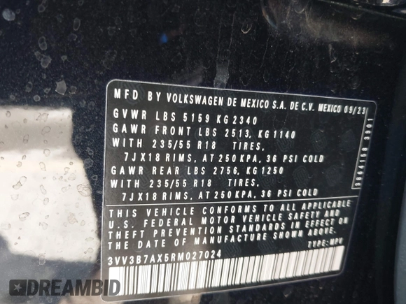 2024 Volkswagen Tiguan SE with VIN 3VV3B7AX5RM027024, listed as a IAAI auction lot 41801265 with 8,101 mi miles and . Bid and sale history available at DreamBid. Image 9.