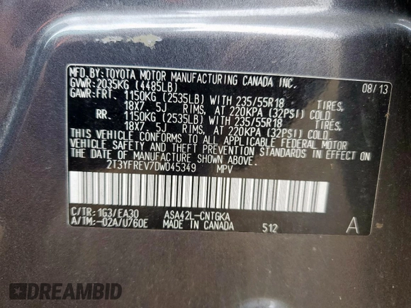 2013 Toyota RAV4 Limited с VIN 2T3YFREV7DW045349, выставлен на аукционе Copart как лот 58204545 с пробегом Не указан миль и На запчасти • Non repairable. История ставок и продаж доступна на DreamBid. Изображение 14.