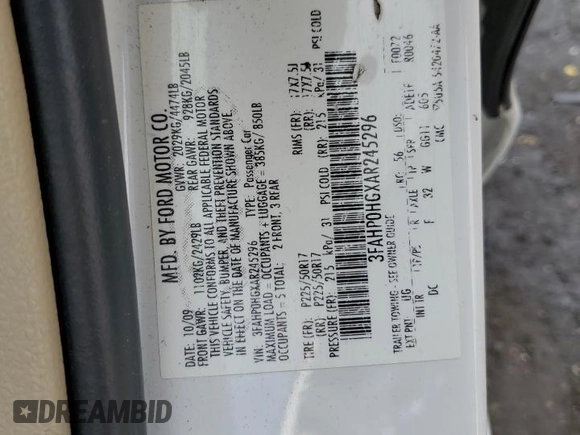 2010 Ford Fusion SE with VIN 3FAHP0HGXAR245296, listed as a Copart auction lot 88169465 with 137,104 mi miles and Non Repairable. Bid and sale history available at carsss.com. Image 14.