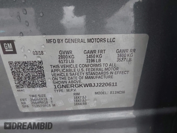 2018 Chevrolet Traverse LT Cloth with VIN 1GNERGKW8JJ220611, listed as a IAAI auction lot 41792976 with 71,705 mi miles. Bid and sale history available at carsss.com. Image 9.