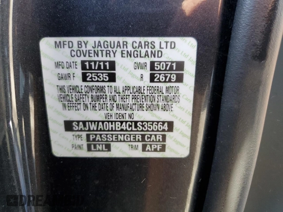 2012 Jaguar XF Portfolio with VIN SAJWA0HB4CLS35664, listed as a Copart auction lot 53427265 with 98,731 mi miles and Salvage Title. Bid and sale history available at carsss.com. Image 13.