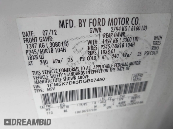 2013 Ford Explorer XLT z VIN 1FM5K7D83DGB07450, wystawiony jako IAAI lot #42461694 z przebiegiem 182 519 mil mil oraz . Historia ofert i sprzedaży dostępna na DreamBid. Obrazek 9.