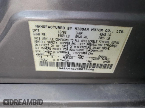 2004 Nissan Maxima SE with VIN 1N4BA41E24C878448, listed as a Copart auction lot 72596984 with 329,525 mi miles and Salvage Title. Bid and sale history available at carsss.com. Image 14.