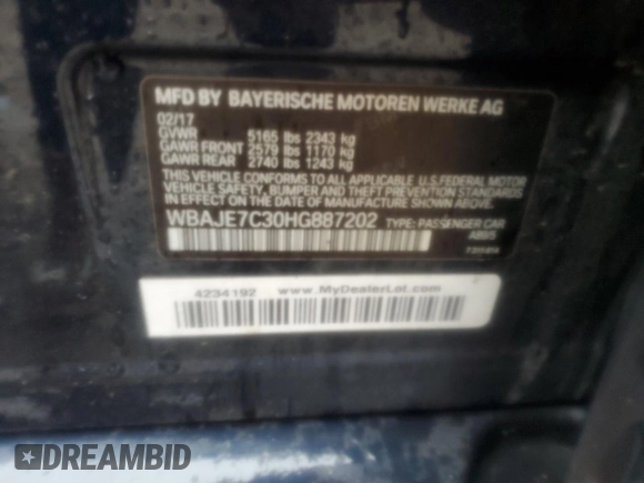 2017 BMW 5 Series 540i xDrive with VIN WBAJE7C30HG887202, listed as a Copart auction lot 47752495 with Not provided miles and Clean title. Bid and sale history available at DreamBid. Image 12.