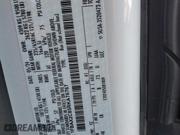 2024 Ford Transit Passenger XL with VIN 1FBAX2C85RKA76767, listed as a Copart auction lot 87883825 with Not Provided miles and Salvage Title. Bid and sale history available at carsss.com. Image 13.
