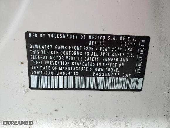 2016 Volkswagen Golf TSI S w/Sunroof with VIN 3VW217AU1GM026143, listed as a Copart auction lot 85543324 with 92,328 mi miles and Salvage Title. Bid and sale history available at carsss.com. Image 15.