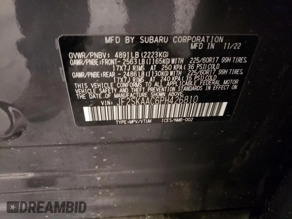2023 Subaru Forester with VIN JF2SKAAC6PH426810, listed as a Copart auction lot 87101414 with 43,268 mi miles and Salvage title. Bid and sale history available at DreamBid. Image 16.
