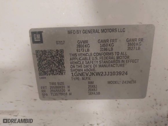 2018 Chevrolet Traverse Premier with VIN 1GNEVJKW2JJ103924, listed as a IAAI auction lot 41576128 with 128,694 mi miles. Bid and sale history available at carsss.com. Image 9.