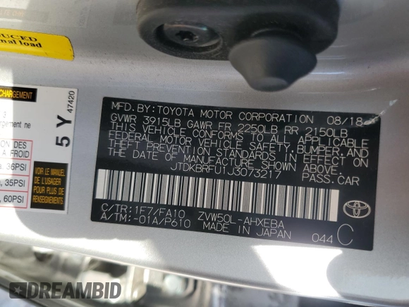 2018 Toyota Prius Two with VIN JTDKBRFU1J3073217, listed as a Copart auction lot 52007715 with 68,688 mi miles and Salvage Title. Bid and sale history available at DreamBid. Image 14.
