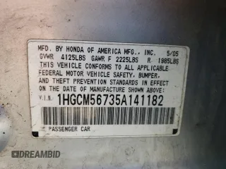 2005 Honda Accord EX with VIN 1HGCM56735A141182, listed as a Copart auction lot 48768305 with 195,948 mi miles and Salvage Title. Bid and sale history available at DreamBid. Image 12.