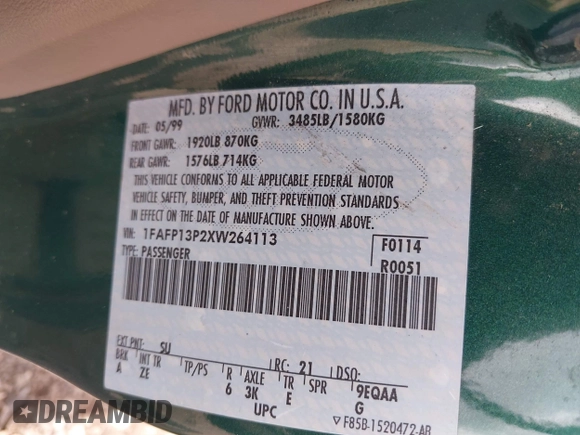 1999 Ford Escort SE with VIN 1FAFP13P2XW264113, listed as a IAAI auction lot 42648045 with 72,253 mi miles and . Bid and sale history available at DreamBid. Image 9.
