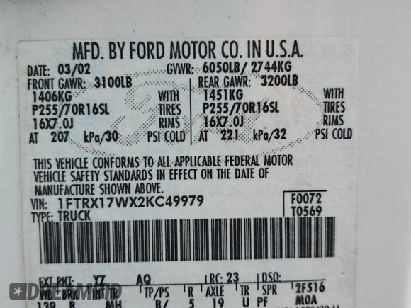 2002 Ford F-150 XL with VIN 1FTRX17WX2KC49979, listed as a Copart auction lot 50528355 with 0 mi miles and Salvage Title. Bid and sale history available at carsss.com. Image 12.