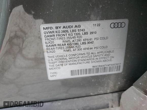 2023 Audi SQ5 Premium Plus with VIN WA1B4AFY4P2057617, listed as a Copart auction lot 49883695 with 34,522 mi miles and Salvage Title. Bid and sale history available at carsss.com. Image 13.