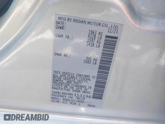 2024 Nissan Altima SV with VIN 1N4BL4DV4RN353196, listed as a IAAI auction lot 42643904 with 37,424 mi miles and . Bid and sale history available at DreamBid. Image 9.