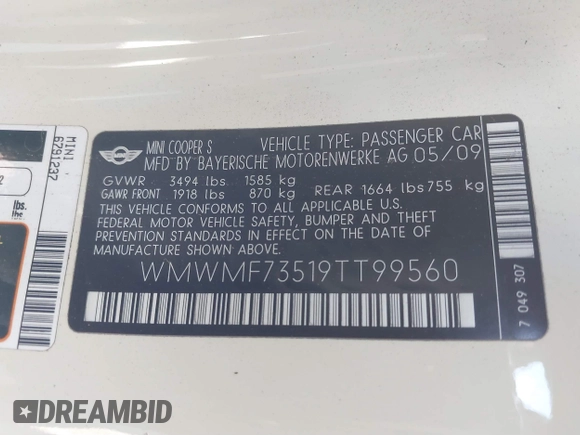 2009 MINI Hardtop S with VIN WMWMF73519TT99560, listed as a IAAI auction lot 41691939 with Not provided miles and . Bid and sale history available at DreamBid. Image 9.