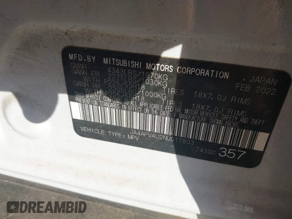 2022 Mitsubishi Outlander SE с VIN JA4APVAU2NU011803, выставлен на аукционе IAAI как лот 42326626 с пробегом 85 580 миль миль и . История ставок и продаж доступна на DreamBid. Изображение 9.