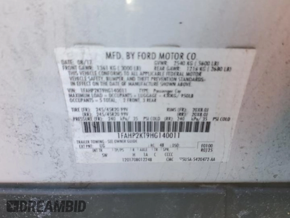 2017 Ford Taurus SHO с VIN 1FAHP2KT9HG140011, выставлен на аукционе Copart как лот 49958805 с пробегом 63 969 миль миль и Списание • Salvage title. История ставок и продаж доступна на DreamBid. Изображение 12.
