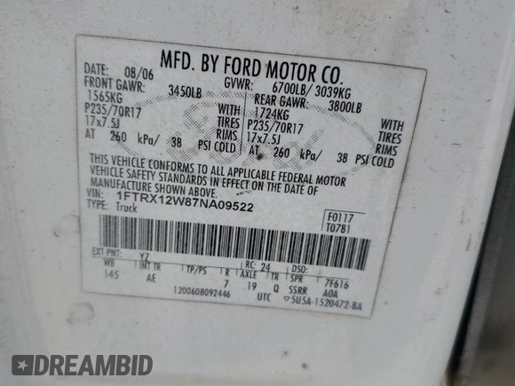 2007 Ford F-150 STX with VIN 1FTRX12W87NA09522, listed as a Copart auction lot 43611105 with Not provided miles and Salvage title. Bid and sale history available at DreamBid. Image 12.