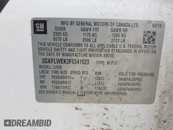 2015 GMC Terrain SLE with VIN 2GKFLWEK3F6341623, listed as a IAAI auction lot 41767755 with 125,403 mi miles and . Bid and sale history available at carsss.com. Image 9.