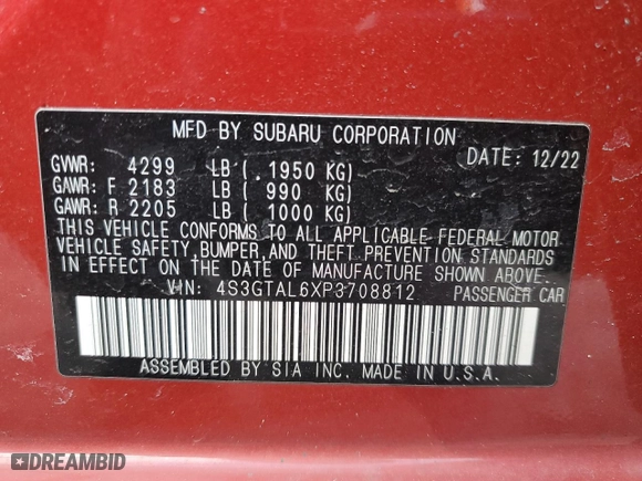 2023 Subaru Impreza Sport with VIN 4S3GTAL6XP3708812, listed as a Copart auction lot 44820995 with 28,345 mi miles and Salvage Title. Bid and sale history available at carsss.com. Image 12.