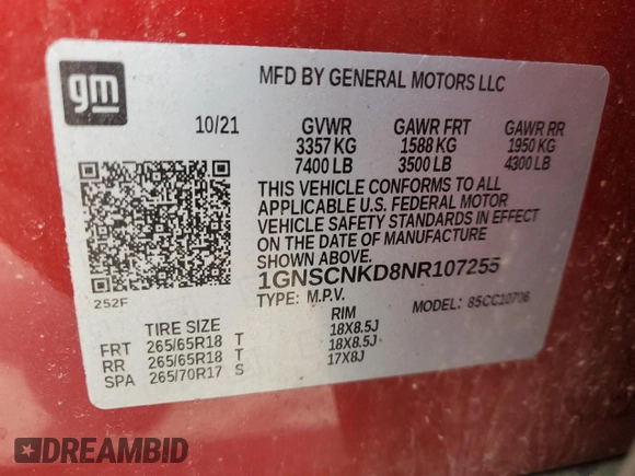 2022 Chevrolet Tahoe LT z VIN 1GNSCNKD8NR107255, wystawiony jako Copart lot #49085035 z przebiegiem Nie podano mil oraz Szkoda całkowita • Salvage title. Historia ofert i sprzedaży dostępna na DreamBid. Obrazek 13.