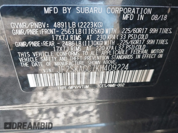 2019 Subaru Forester Premium with VIN JF2SKAGC7KH409224, listed as a IAAI auction lot 41637550 with 49,522 mi miles. Bid and sale history available at carsss.com. Image 9.