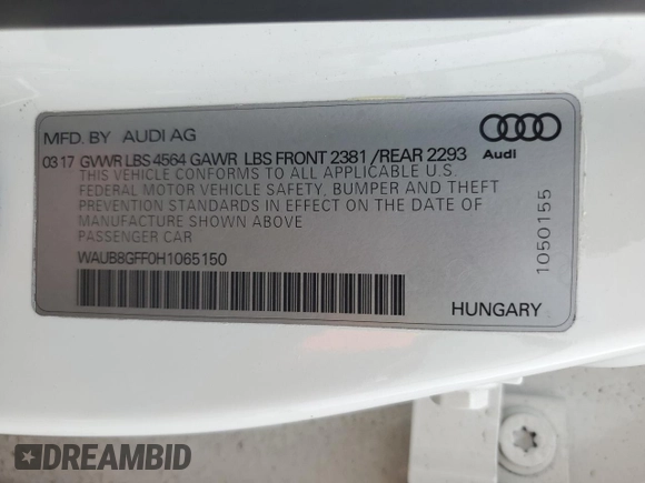 2017 Audi A3 Sedan Premium with VIN WAUB8GFF0H1065150, listed as a Copart auction lot 59060583 with 43,086 mi miles. Bid and sale history available at carsss.com. Image 12.