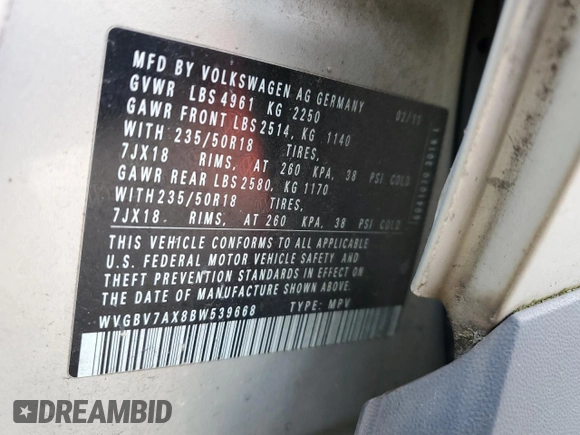 2011 Volkswagen Tiguan SE with VIN WVGBV7AX8BW539668, listed as a Copart auction lot 56858575 with 107,079 mi miles and Clean Title. Bid and sale history available at DreamBid. Image 13.