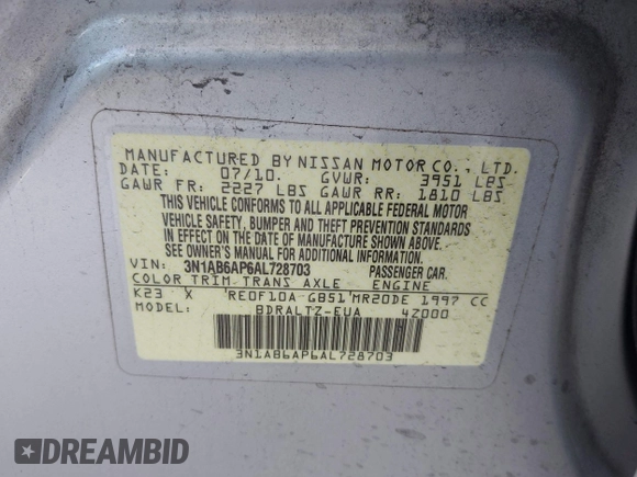 2010 Nissan Sentra SR with VIN 3N1AB6AP6AL728703, listed as a IAAI auction lot 42134551 with 212,257 mi miles and . Bid and sale history available at DreamBid. Image 9.