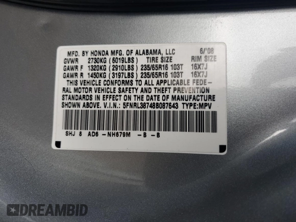 2008 Honda Odyssey EX-L with VIN 5FNRL38748B087643, listed as a Copart auction lot 52932845 with 181,942 mi miles and Salvage Title. Bid and sale history available at carsss.com. Image 13.