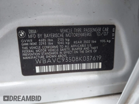 2008 BMW 3 Series 328xi with VIN WBAVC93508K037619, listed as a IAAI auction lot 42455209 with 166,971 mi miles and . Bid and sale history available at DreamBid. Image 9.