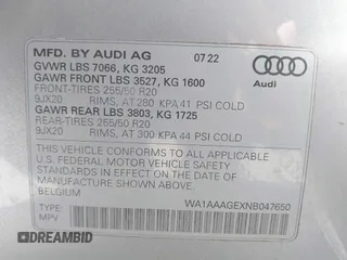 2022 Audi e-tron Premium с VIN WA1AAAGEXNB047650, выставлен на аукционе IAAI как лот 41782598 с пробегом 45 906 миль миль и . История ставок и продаж доступна на DreamBid. Изображение 9.