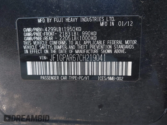 2012 Subaru Impreza Special Sports Limited с VIN JF1GPAR67CH219041, выставлен на аукционе IAAI как лот 41425854 с пробегом 187 880 миль миль и . История ставок и продаж доступна на DreamBid. Изображение 9.