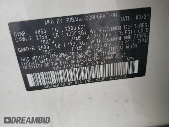 2021 Subaru Outback Limited z VIN 4S4BTANC5M3199667, wystawiony jako Copart lot #59871285 z przebiegiem 75 893 mil mil oraz Szkoda całkowita • Salvage title. Historia ofert i sprzedaży dostępna na DreamBid. Obrazek 12.