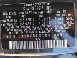 2022 Kia Sorento LX с VIN 5XYRGDLC1NG100917, выставлен на аукционе Copart как лот 64144525 с пробегом 65 806 миль миль и Списание • Salvage title. История ставок и продаж доступна на DreamBid. Изображение 12.