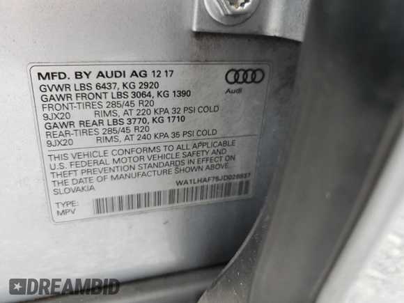 2018 Audi Q7 Premium Plus z VIN WA1LHAF75JD026937, wystawiony jako Copart lot #63379015 z przebiegiem 80 622 mil mil oraz Szkoda całkowita • Salvage title. Historia ofert i sprzedaży dostępna na DreamBid. Obrazek 13.