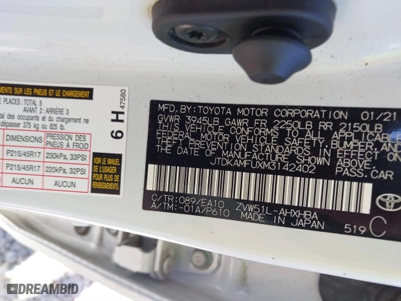 2021 Toyota Prius L Eco with VIN JTDKAMFUXM3142402, listed as a IAAI auction lot 41665484 with 67,416 mi miles. Bid and sale history available at carsss.com. Image 9.