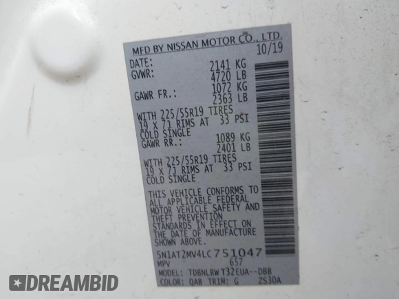 2020 Nissan Rogue SL with VIN 5N1AT2MV4LC751047, listed as a IAAI auction lot 41213211 with 71,268 mi miles and . Bid and sale history available at DreamBid. Image 9.
