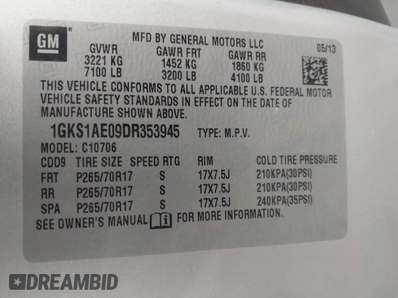 2013 GMC Yukon SLE with VIN 1GKS1AE09DR353945, listed as a IAAI auction lot 41900111 with 109,655 mi miles. Bid and sale history available at carsss.com. Image 9.