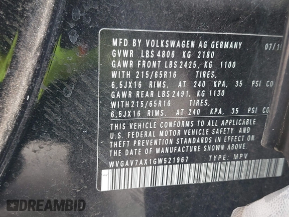 2016 Volkswagen Tiguan R-Line with VIN WVGAV7AX1GW521967, listed as a IAAI auction lot 42803643 with 128,794 mi miles and . Bid and sale history available at DreamBid. Image 9.
