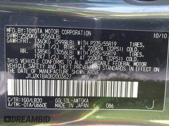 2011 Lexus RX 350 with VIN JTJZK1BA0B2003627, listed as a IAAI auction lot 41884963 with 212,313 mi miles and . Bid and sale history available at DreamBid. Image 9.