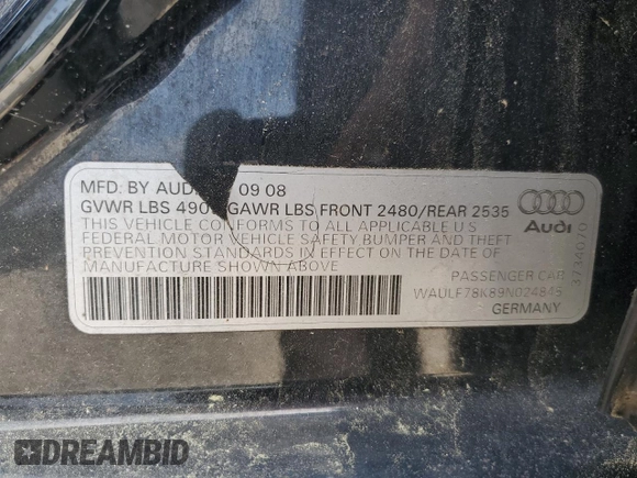 2009 Audi A4 Premium с VIN WAULF78K89N024845, выставлен на аукционе Copart как лот 58296385 с пробегом 146 063 миль миль и Чистый • Clean title. История ставок и продаж доступна на DreamBid. Изображение 12.