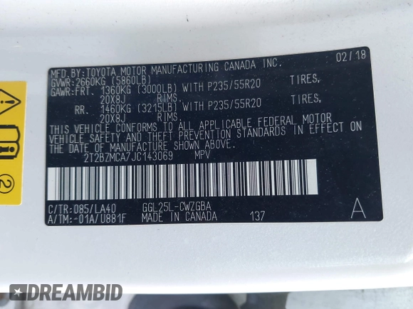 2018 Lexus RX 350 with VIN 2T2BZMCA7JC143069, listed as a IAAI auction lot 41654380 with 80,045 mi miles and . Bid and sale history available at DreamBid. Image 9.