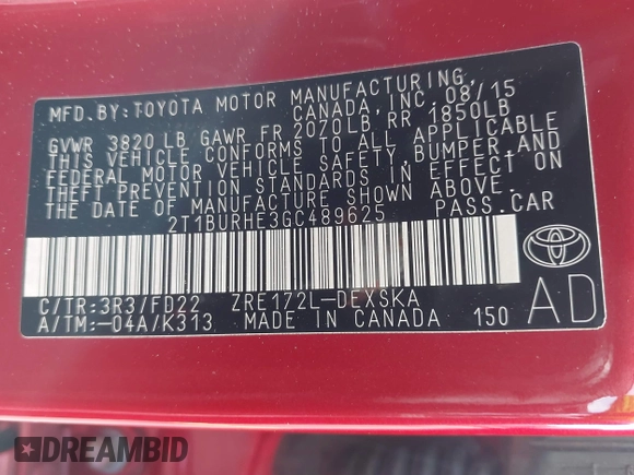 2016 Toyota Corolla L with VIN 2T1BURHE3GC489625, listed as a IAAI auction lot 41724804 with 68,042 mi miles and . Bid and sale history available at DreamBid. Image 9.