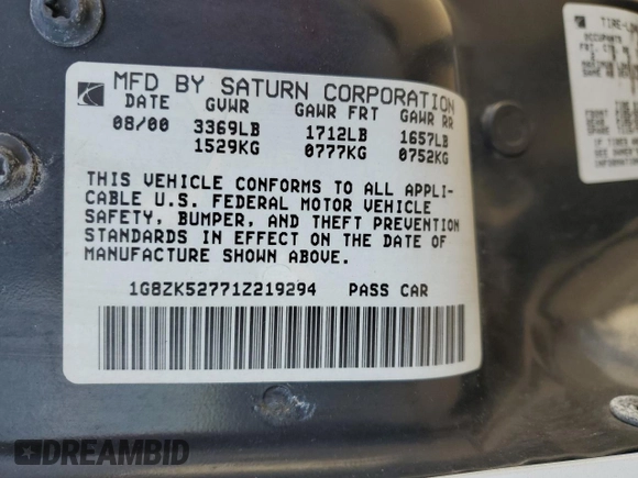 2001 Saturn SL z VIN 1G8ZK52771Z219294, wystawiony jako Copart lot #83155494 z przebiegiem 190 338 mil mil oraz Szkody całkowita. Historia ofert i sprzedaży dostępna na DreamBid. Obrazek 12.
