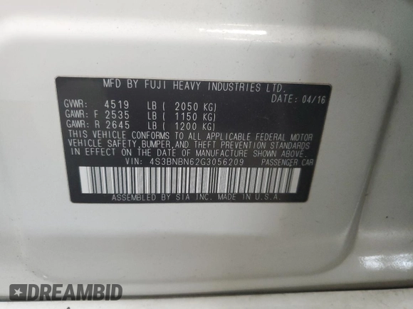 2016 Subaru Legacy Limited with VIN 4S3BNBN62G3056209, listed as a Copart auction lot 60405035 with 129,832 mi miles and Salvage title. Bid and sale history available at DreamBid. Image 12.