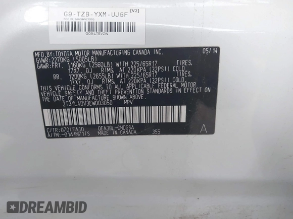 2014 Toyota RAV4 with VIN 2T3YL4DV3EW003050, listed as a IAAI auction lot 41743396 with 63,174 mi miles and . Bid and sale history available at carsss.com. Image 9.