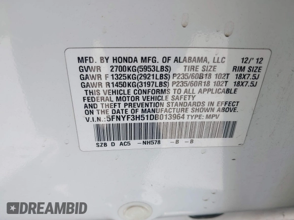2013 Honda Pilot EX-L with VIN 5FNYF3H51DB013964, listed as a IAAI auction lot 41831598 with 155,959 mi miles and . Bid and sale history available at DreamBid. Image 9.
