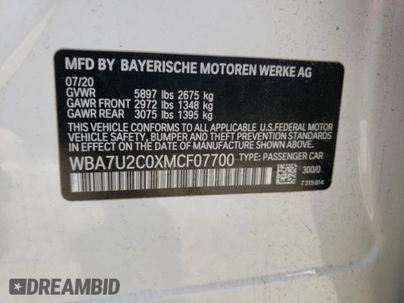 2021 BMW 7 Series 750i xDrive with VIN WBA7U2C0XMCF07700, listed as a Copart auction lot 40681623 with 0 mi miles. Bid and sale history available at carsss.com. Image 13.