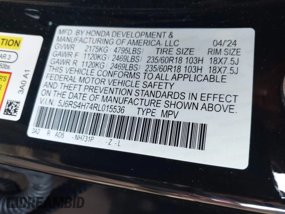 2024 Honda CR-V EX-L with VIN 5J6RS4H74RL015536, listed as a IAAI auction lot 42103325 with 8,663 mi miles. Bid and sale history available at carsss.com. Image 9.